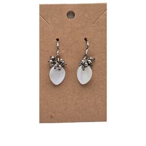 Frosted Moon Glow Glass Bead Drop Silver Tone Cluster Vintage Earrings